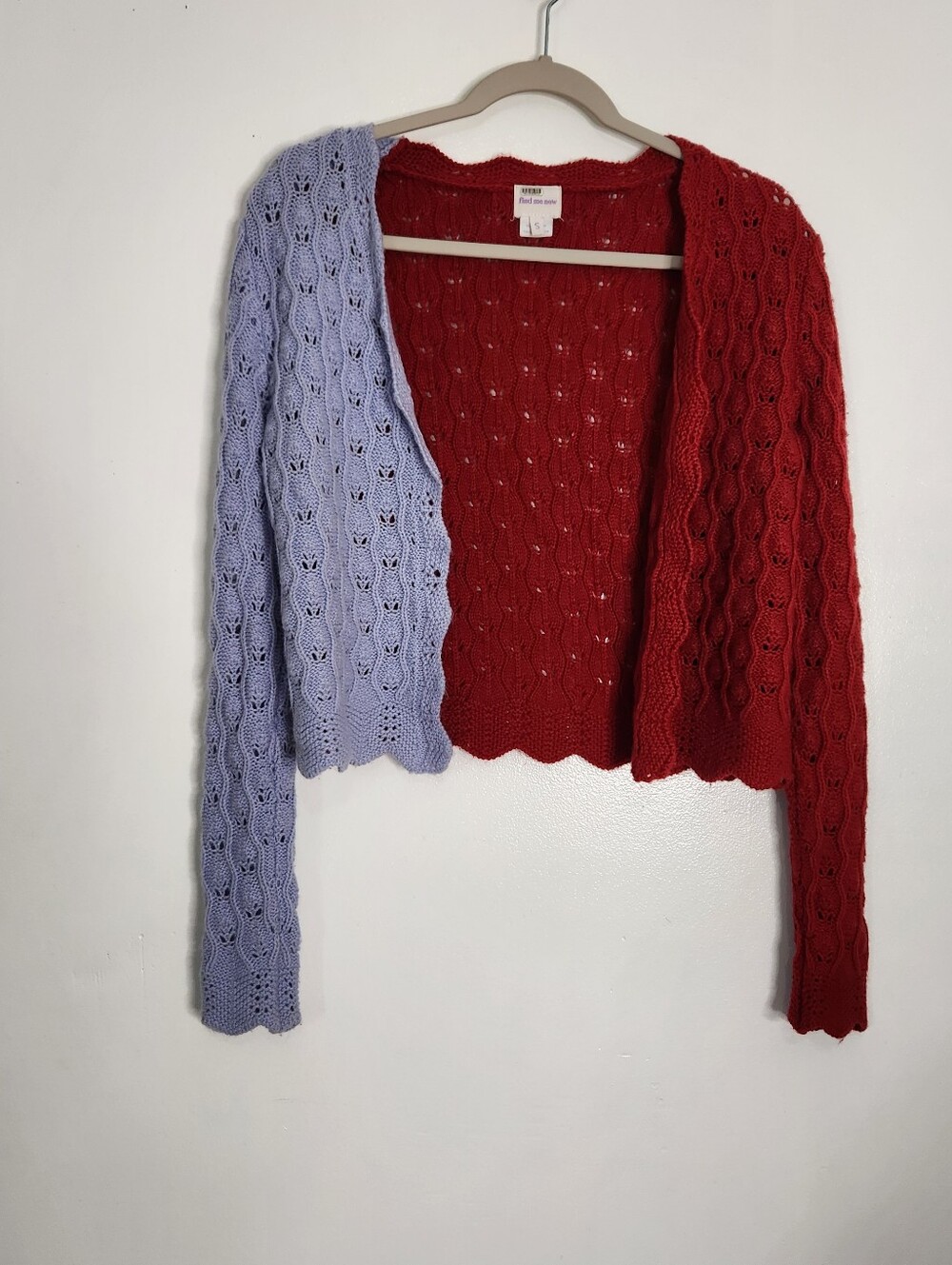 Find Me Now Colorblock Open Cardigan Pointelle Knit Brick Red Purple Blue S